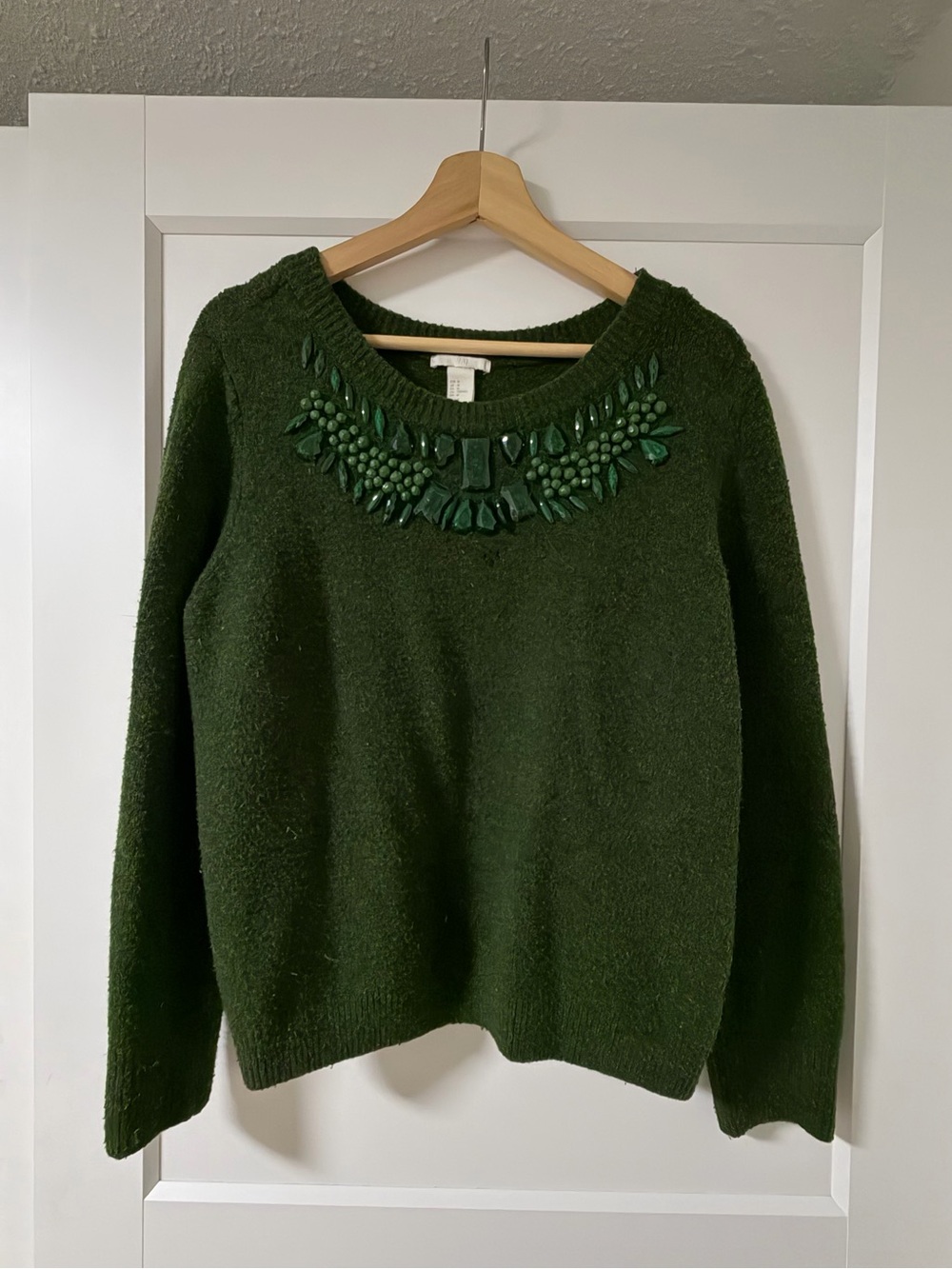 H&M Dark Green Crewneck Sweater with Beaded Neckline